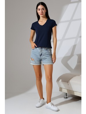 Endies Pis V Yaka Penye Kompakt Likralı Kısa Kol Cepli Basic T-Shirt 21065 Lacivert