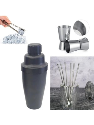 Adin Tasarım 10 Parça Pipetli Kokteyl Hazırlama Seti Bar Shaker 700 ml Çelik Pipet Buz Maşası Jigger 2.5/5 cl