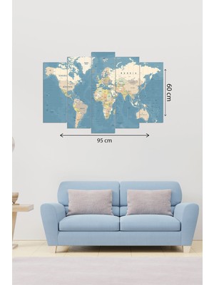 Evdeya Dijital Baskılı Dünya Haritası Motifli 5 Parçalı Mdf Ahşap Tablo, T-1560