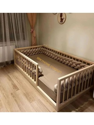 Srky Home Concept Yuvarlak Çıtalı Montessori Bebek ve Çocuk Karyolası Doğal Ahşap Yatak