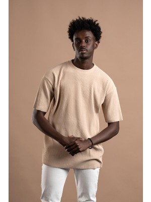 Akçaylar Oversize (Bol Kesim) Kalın Fitilli Bisiklet Yaka Kısa Kol T-Shirt