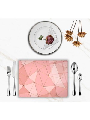 Özel Tasarım Cam Baskılı Pembe Desenli Cam Supla Takımı 4 Adet