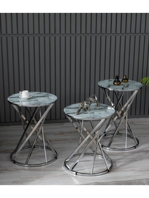 Boons Laura Zigon Sehpa Takımı - Krom Beyaz Mermer