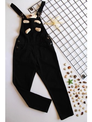 Unisex Çocuk Ayıcıklı Siyah Kot Salopet Pantolon