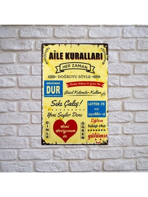 Aıle Kuralları Ahşap Duvar ve Kapı Süsü- Retro Ahşap Pano 28 x 20