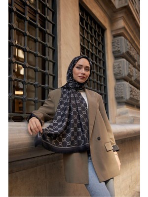 Zennur G Desenli Ipek Kaşmir Çift Taraflı Şal - Gri-Siyah