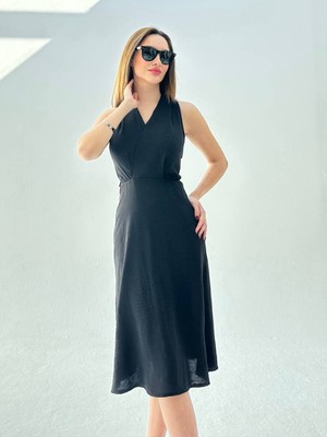 Zishan Fashion Aerobin Kruvaze Yaka Midi Boyundan Bağlamalı Kadın Elbise 007