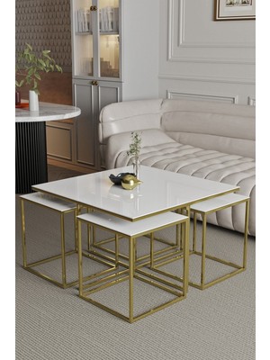 Home Plus Mobilya 4+1 Gold Ayak Beyaz Parlak  Glossmax Mdf Membran Orta Sehpa