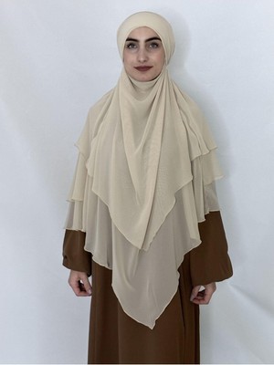 Zennur Üç Katlı Hazır Peçeli Sufle Khimar Şifon Esarp 4 Ipli Krem