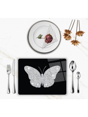 BD Digital Özel Tasarım Cam Baskılı Gümüş Kelebek Supla Takımı 4 Adet