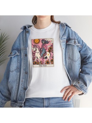 bebekokusu The Pink Sun Tarot Kart Baskılı Beyaz Basic Tshirt Unisex