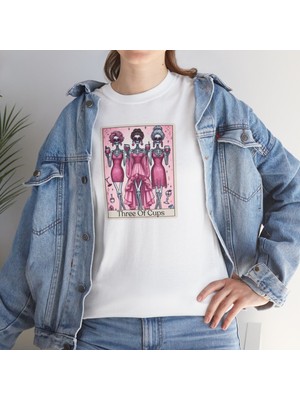 bebekokusu Three Of Cups Tarot Kart Baskılı Beyaz Basic Tshirt Unisex