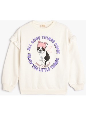 Koton Fırfırlı Pamuklu Sweatshirt Kız Çocuk Köpek Baskılı Uzun Kollu Truvakar Kol