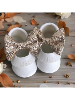 My Minie Kız Bebek Makosen Ayakkabı Beyaz Simli Fiyonklu İlk Adım Ayakkabısı El Yapımı Suni Deri