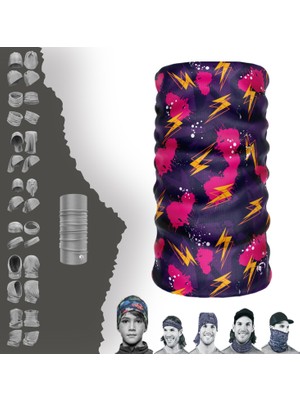 E-Taktik Extreme Şimşek  Desenli Pembe Mor Boyunluk Bandana Baf Toka Maske Saçbandı