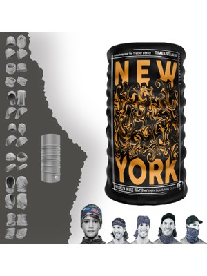 Extreme Turuncu Ebru Desenli Newyork Yazılı Boyunluk Bandana Baf Toka Maske Saçbandı