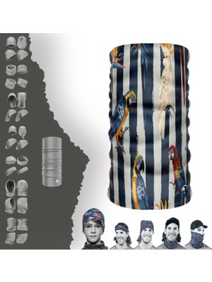 Extreme Papağan Desenli Lacıvert Beyaz Çizgili Boyunluk Bandana Baf Toka Maske Saçbandı