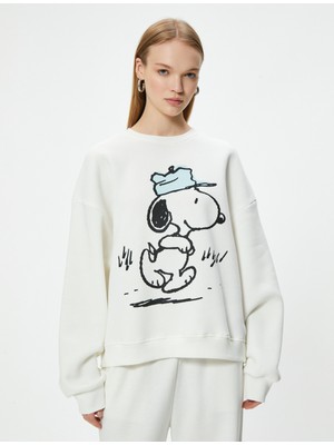 Snoopy Oversize Sweatshirt Lisanslı Baskılı Bisiklet Yaka