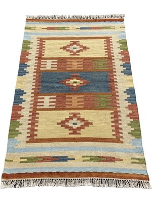 Burak Halı El Dokuması Dekoratif 80X125 Turkuaz Krem %100 Yün Kilim