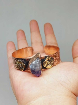 Yaşam Tohumu Ametist Taşı Motifli Kalın Bakır Bileklik (52512)