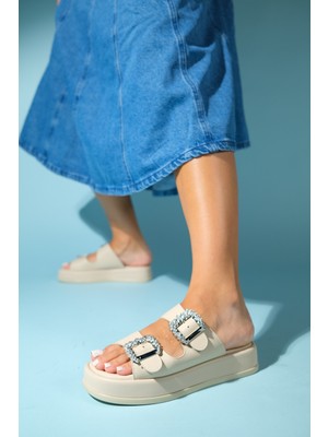 Luvi Preds Bej Taşlı Tokalı Çift Bantlı Kadın Terlik