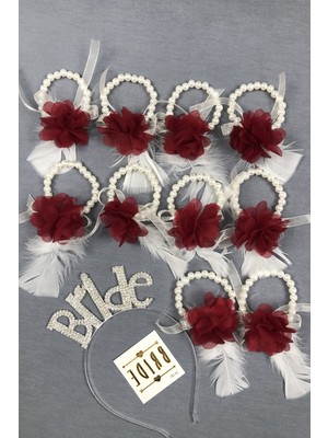 Bride Taç ve Bordo Lazer Çiçekli Nedime Bileklik Seti