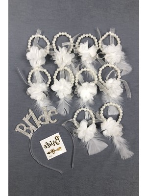 Bride Taç ve Beyaz Çiçekli Nedime Bileklik Seti