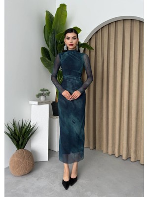 Concon Moda Mavim Streç Uzun Elbise