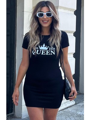 Alinn Butikk Kadın Kısa Kollu Queen Baskı Iki Iplik Mini Elbise