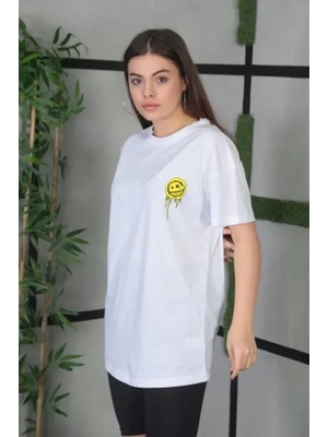 Bigelal Unisex Bisiklet Yaka Baskılı Oversize T-Shirt - Beyaz