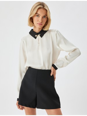 Koton Gömlek Yaka Bluz Renk Kontrastlı Broş Detaylı Uzun Kollu