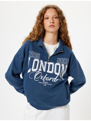 Koton Yarım Fermuarlı Sweatshirt Oversize Kolej Baskılı Cep Detaylı