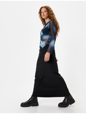 Koton Uzun Kollu Tişört Tül Soyut Desenli Büzgü Detaylı Asimetrik Kesim