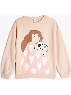 Koton Sweatshirt Köpek Baskılı Bisiklet Yaka Uzun Kollu