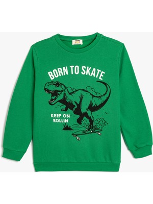 Koton Sweatshirt Dinozor Baskılı Bisiklet Yaka Uzun Kollu Şardonlu