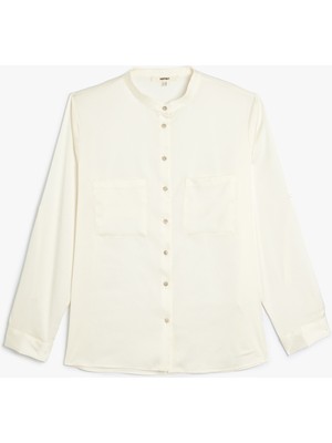 Koton Yakasız Saten Gömlek Uzun Kollu Aplike Cep Detaylı