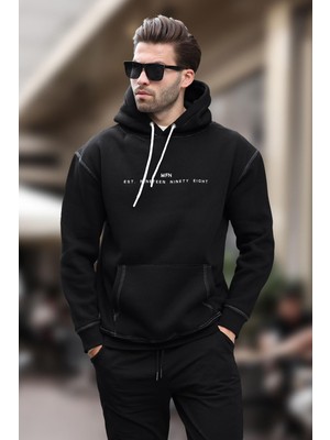 Madmext Siyah Kapüşonlu Nakış Detaylı Cepli Erkek Sweatshirt 7066