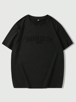 Erkek Siyah Brooklyn Kabartma Baskılı Oversize T-Shirt