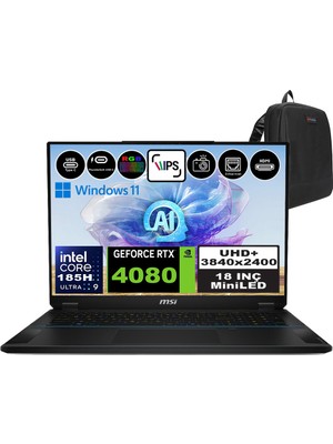 Msı Stealth 18 Aı Studıo Intel Core Ultra 9 185H 32GB 2tb + 2tb SSD RTX4080 Windows 11 Home 18" Uhd+ 120Hz Taşınabilir Bilgisayar A1VHG035TRH02 + Zetta Çanta