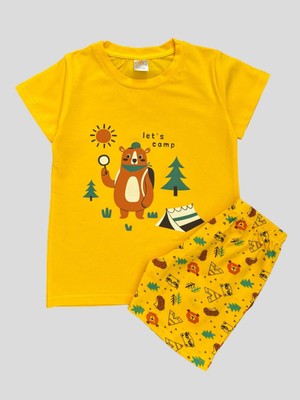 Elmas Kids Erkek Çocuk  Pamuklu Ayıcık Çadır Kamp Desenli Sarı Kısa Kollu Şortlu Yazlık Pijama Takımı