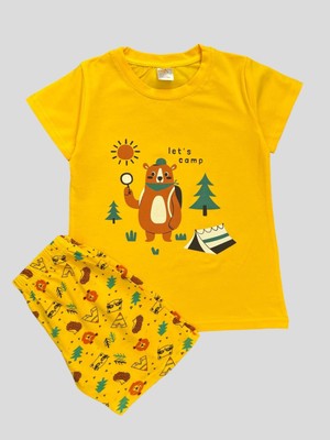 Elmas Kids Erkek Çocuk  Pamuklu Ayıcık Çadır Kamp Desenli Sarı Kısa Kollu Şortlu Yazlık Pijama Takımı