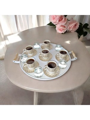 Ece Ev Modası Tepsi Ahşap Kulplu Metal Çay Tepsisi Kahve Tepsisi Sunum Kahvaltı 40 cm Tepsi