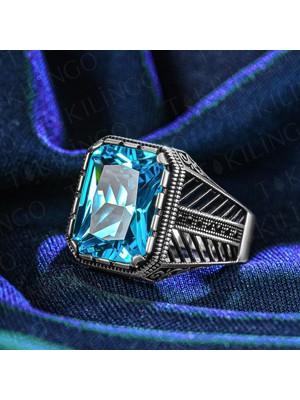 Takılingo 925 Ayar Gümüş Akuamarin Taşlı Düz Sıra Zirkon Taş Detaylı Erkek Yüzük