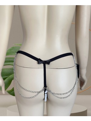 Intive Lingerie Siyah Arkası Zincirli Kurdeleli Ağı Açık Incili STRING-5259 (Özel Koleksiyon)