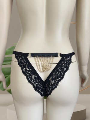 Intive Lingerie Siyah Arkası Sarkık Zincir Dantelli Transparan Ağı Pamuklu Tasarım BRAZILIAN-5255 (Özel Koleksiyon)