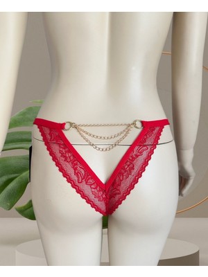 Intive Lingerie Kırmızı Arkası Zincir Dantelli Transparan Ağı  Pamuklu BRAZILIAN-5170 (Özel Koleksiyon)