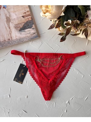 Intive Lingerie Kırmızı Arkası Zincir Dantelli Transparan Ağı  Pamuklu BRAZILIAN-5170 (Özel Koleksiyon)