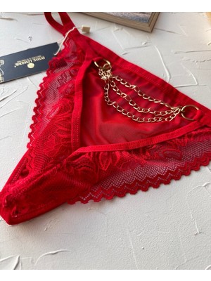 Intive Lingerie Kırmızı Arkası Zincir Dantelli Transparan Ağı  Pamuklu BRAZILIAN-5170 (Özel Koleksiyon)