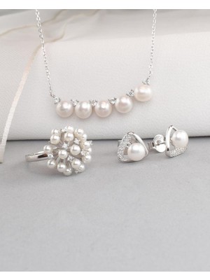 Special Luxury Pearl Kadın Gümüş Kolye Küpe Yüzük Inci Set