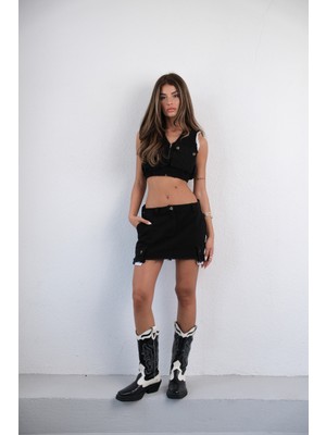 Black Fashion Yüksek Bel Astarlı Düğmeli Etek